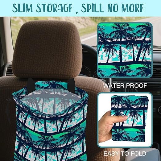 KXWQTRDD Car Garbage Bag Tropical Green Palm Trees Hanging Canvas Car Trash Bag Waterproof Drawstring Car Back Seat Organizer for Car Back Front Seat Console with Adjustable Buckle