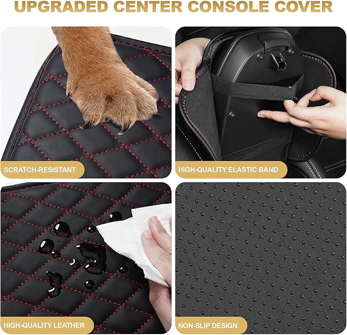 Center Console Cover for Accord: Armrest Cover for Car with 2 Storage Bags - Scratch & Wear Resistant & Waterproof Leather Console Cover,Anti-Scratch Auto Armrest Pad Accessory （Black&Red