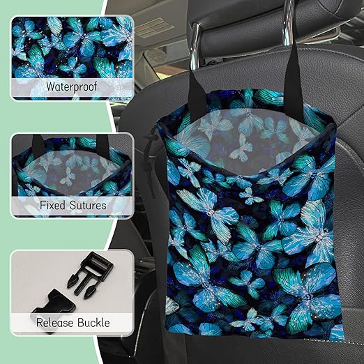 NHNXHWIA Blue Butterfly Car Trash Bag,Hanging Drawstring Car Garbage Bag,Waterproof Canvas Car Back Seat Organizer with Adjustable Buckle,for Vehicles,SUVs,Camping,Road Trips