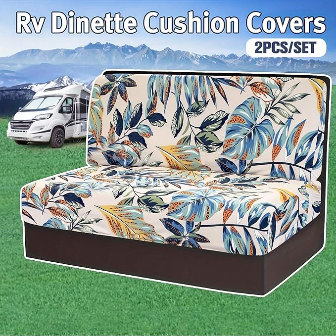 RV Dinette Cushion Covers, Stretch Table Seat Slipcovers, Replacement Washable Camper Couch Cushion Slipcovers for Bench Seats, RV Camper Car 1 Backrest Cover & 1 Bench Cover,Plant 1