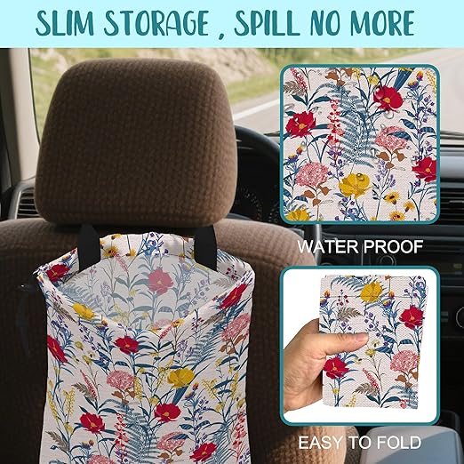 KXWQTRDD Car Garbage Bag Colorful Flowers and Leaves Drawstring Car Trash Bag Hanging for Back Seat with Adjustable Buckle Canvas Vehicle Trash Can Easy-to-Install
