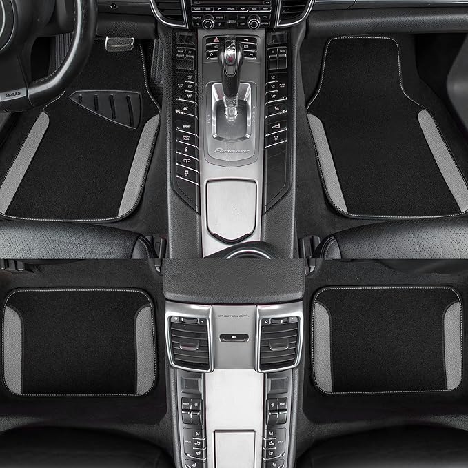 CAR PASS Rainbow Waterproof Universal Fit Faux Leather Car Carpet- Anti-Slip Nibbed Backing Floor Mats for SUV, Vans, Sedans, Trucks, Automotive Set of 4 (Black with Gray)