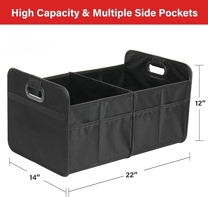 Simple Deluxe Trunk Organizer for Car/SUV, Collapsible 600D Waterproof Oxford Polyester 50L Storage Box, 2 Compartments Multipurpose Travel Accessories, Anti-slip & Leak-proof, Black
