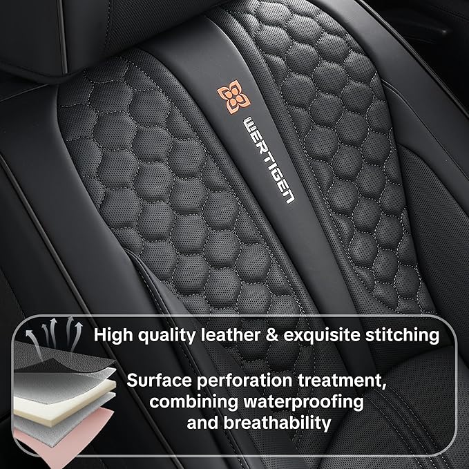 Wertigen Black Leather Car Seat Covers - Luxury Waterproof Car Seat Covers with Lumbar Support, Non-Slip Base, and Airbag Compatibility; Suitable for Sedans, Suvs, and Pickups.