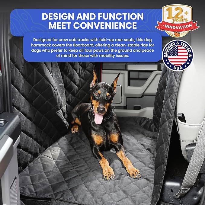 4Knines Dog Floor Hammock for Truck & Crew Cab with Fold Up Seats – Back Seat Pet Cover for Dogs – Compatible with Ford F-150, GMC, Chevrolet, Toyota Full Size Trucks (Passenger Side Split, Black)