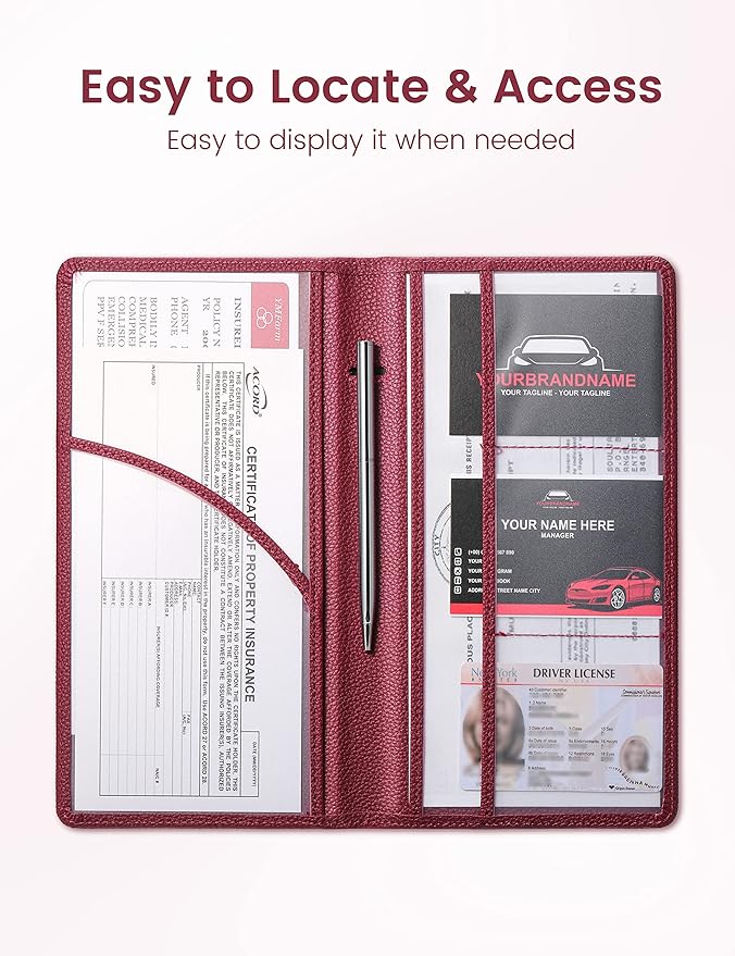 Yarnic Car Registration and Insurance Holder, Pu Leather Car Document Holder Registration and Insurance Card Holder Vehicle Glove Box Car Organizer with Magnetic Closure for Women Men (Wine Red)