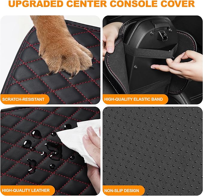 Center Console Cover for Cars Fit for Jeep Grand Cherokee L Leather Armrest Covers with 2 Storage Bags(Black&Red)