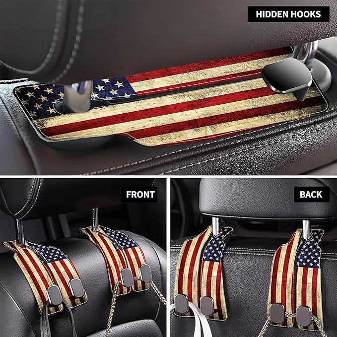 AEWNUNK Purse Hook for Car Vintage American Flag 1 Pack Headrest Back Seat Hook Premium Leather Double Metal Hanger Storage Pack Bag Purse Holder Car Interior Accessories