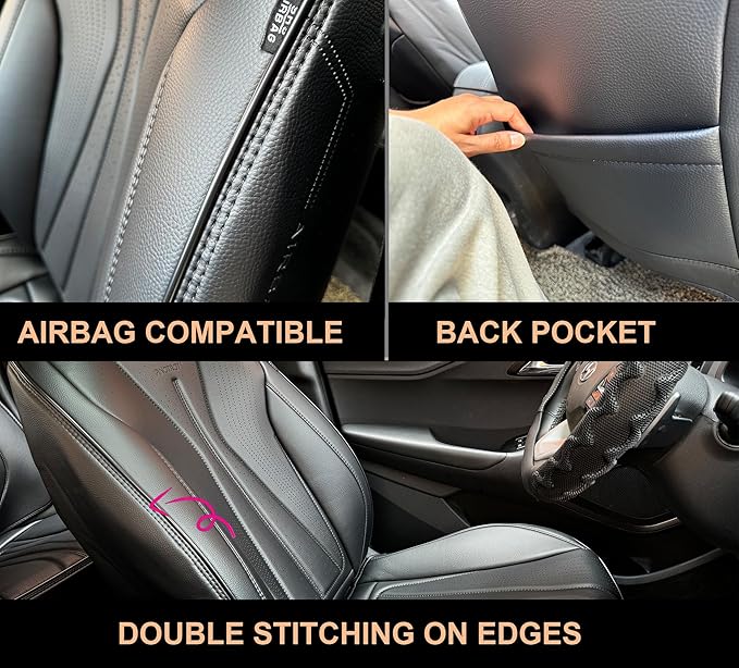 PINCTROT Car Seat Covers Front Set, Breathable Soft Pebbled Leather, Luxury Waterproof Seat Cushion, Airbag Compatible, Seat Protector Universal Fit Most Cars (Front Set, All Black)