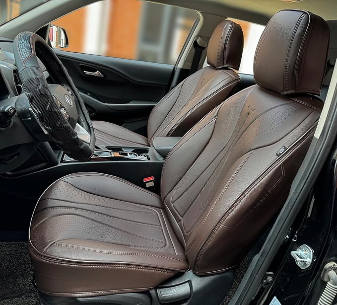 PINCTROT Car Seat Covers Front Set, Breathable Soft Pebbled Leather, Luxury Waterproof Seat Cushion, Airbag Compatible, Seat Protector Universal Fit Most Cars (Front Set, Coffee)