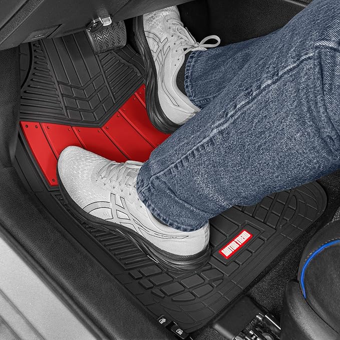Motor Trend DualFlex Two-Tone Sport Design All-Weather Rubber Floor Mats for Car, Truck, Van & SUV - Waterproof Front & Rear Liners with Drainage Channels, Red
