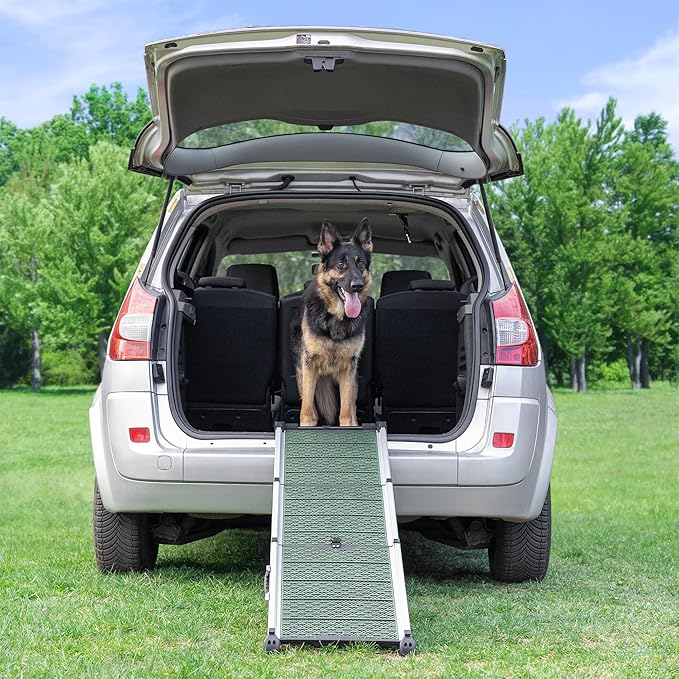 Dog Ramp for Car - Stable Anti-Slip Dog Car Ramp for Large Dogs - 63" Long & 15" Wide - 250LBS Capacity - Telescoping Pet Ramp - Lightweight - Reflective Sides - Fixing Clip - Forest Green