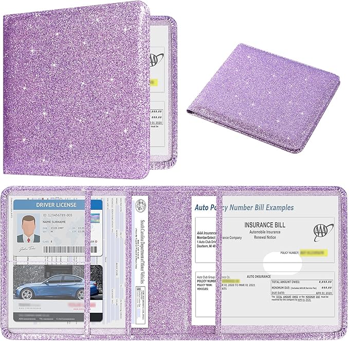 DMLuna Car Registration and Insurance Holder, Folio Leather Vehicle Card Document Glove Box Organizer, Driver License Cards, Glitter Purple