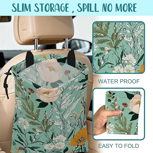 KXWQTRDD Car Garbage Bag Watercolor Floral and Green Leaves Drawstring Car Trash Bag Hanging for Back Seat with Adjustable Buckle Canvas Vehicle Trash Can Easy-to-Install