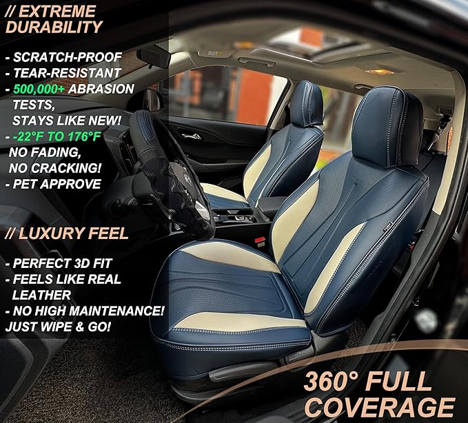 PINCTROT Car Seat Covers Front Set, Breathable Soft Pebbled Leather, Luxury Waterproof Seat Cushion, Airbag Compatible, Seat Protector Universal Fit Most Cars (Front Set, Blue Beige)