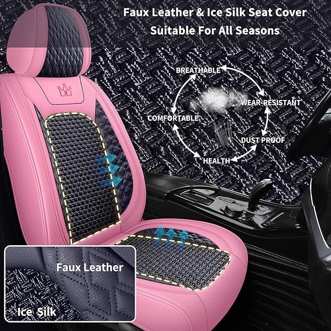 HighnessHwoo Luxury Car Seat Covers Full Set, Breathable Faux Leather Car Seat Protector, Dog Child Kids Summer Ventilated Seat Cushion for Front & Back Seats, Universal (Pink Black, 5 Seats)