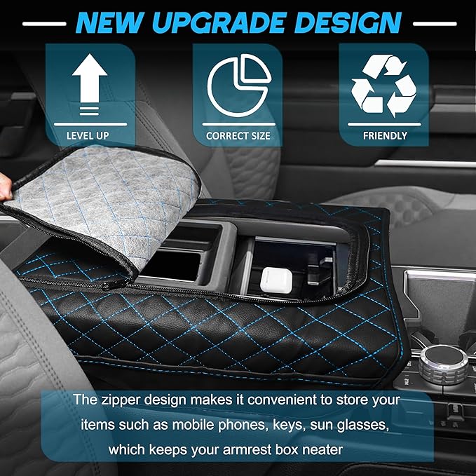SENSHINE Center Console Armrest Cover for Toyota Tundra 2022-2026/Sequoia 2023-2026 Armrest Seat Stroage Box Cushion Lid Protector Pad with Zipper Leather Interior Accessories, Blue Stitches