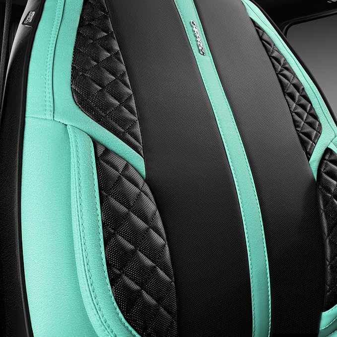 CAR PASS Nappa Leather Car Seat Covers Front Seats Only, Luxury PU Leatherette Seat Covers 2 Pack, Waterproof Durable Car Seats Cushion Protector, Universal Fit for Sedan SUV Truck Van(Black Mint)