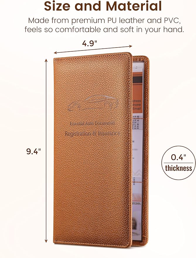 Yarnic Car Registration and Insurance Holder, Car Document Holder with Magnetic Closure, Car Organizer Vehicle Glove Box Compartment Organizer, Car Wallet Case for Men Women(Tan)
