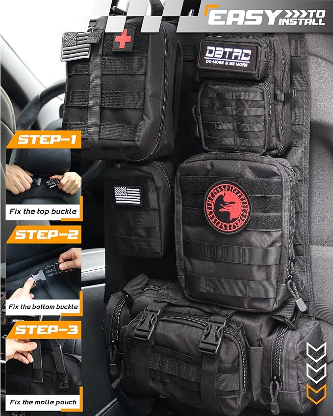 DBTAC Tactical Molle Car Seat Organizer | Vehicle Back Panel with 5X Detachable Pouches, US Flag & Writable Reflective Patch for Cars, Trucks, SUVs, Sedans