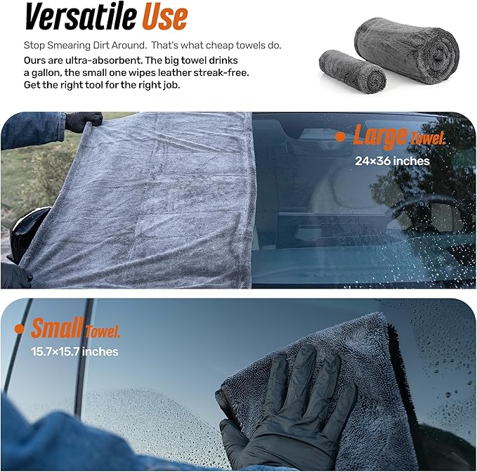 WOWIPER 24"x36" 15.7"x15.7" Twisted-Loop Car Drying Towel Set, 1300GSM,Lint Free,Reusable,Streak Free, - Car Accessories,Bath Towels,Microfiber Cleaning Cloth for Car, Truck, SUV