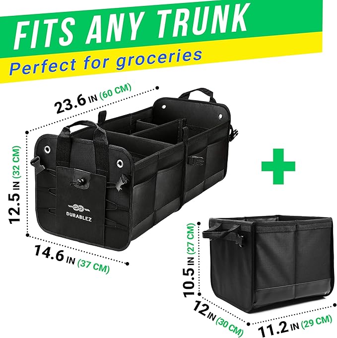 DURABLEZ 3-Section Car Trunk Organizer XL – Large Modular Auto Storage Bin, Foldable Multi-Compartment Cargo Organizer for Car Trunk, Heavy Duty 1680D Design – Black