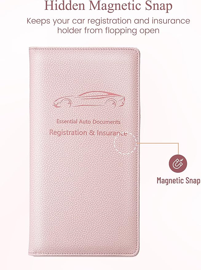 Yarnic Car Registration and Insurance Holder, Pu Leather Car Registration and Insurance Card Holder Car Document Holder for Cards, Essential Document, Driver License (Pink)