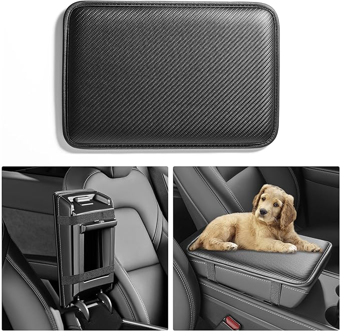 HighnessHwoo Car Armrest Covers, Vehicle Center Console Cover, Middle Storage Pad, Dog & Cat Paws Protetor, Carbon Fiber PU Leather, Waterproof, Anti-slip, Auto Interior Accessories, Black, Large Size