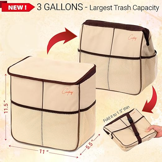 Creathing Leakproof Car Trash Can [3 Gal] Slim Design Garbage Bin– Universal Fit in Cars, Trucks, SUVs, for Floor, Console or Seat Hanging (Beige)