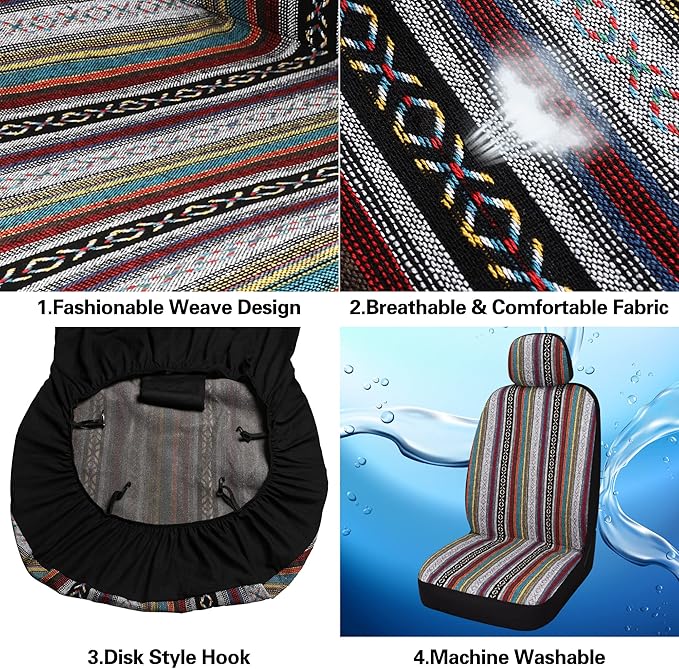 HAIYAOTIMES Baja Saddle Blanket Car Seat Covers Front Set with Seat Belt Pads, Washable Breathable Seat Covers for Cars, Universal Fit Interior Covers for Most Sedan Truck SUV, Airbag Compatible, Red