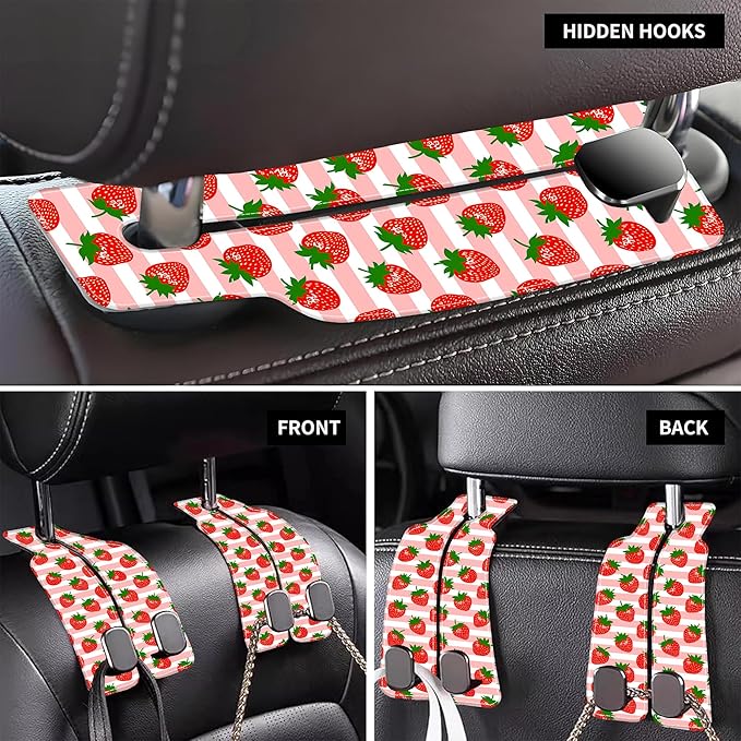 AEWNUNK 1 Pack Car Seat Headrest Hooks for Purses and Bags Watercolor Pink Strawberry Striped Bag Purse Holder for Car with Double Metal Hooks Car Purse Hanger Hanging Accessories