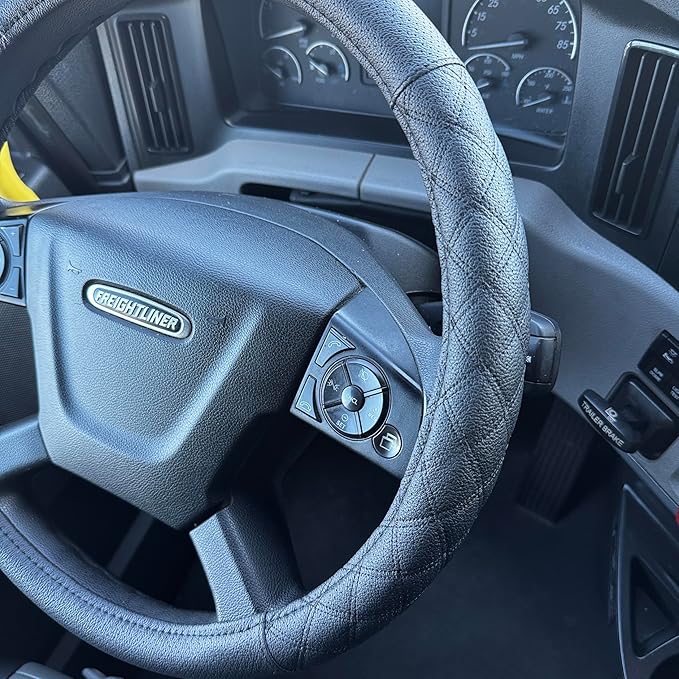 Genuine Leather Steering Wheel Cover for Semi Truck – 18" X-Large, Diamond Stitching, Anti-Slip Grip, Fits 18 Inch Wheels for Big Rig, RV & 18 Wheeler Trucks (Black/Black)