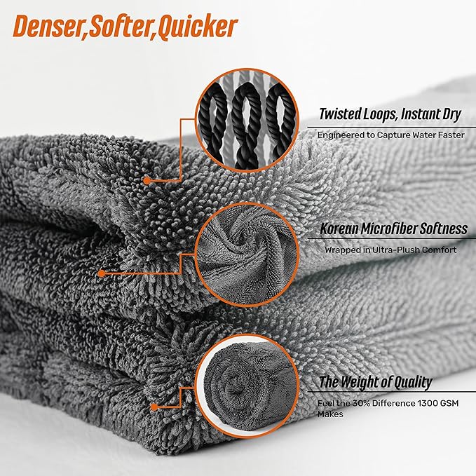 WOWIPER 24"x36" 15.7"x15.7" Twisted-Loop Car Drying Towel Set, 1300GSM,Lint Free,Reusable,Streak Free, - Car Accessories,Bath Towels,Microfiber Cleaning Cloth for Car, Truck, SUV