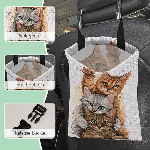 NHNXHWIA Cute Cats Car Trash Bag,Kittens Hanging Drawstring Car Garbage Bag,Waterproof Canvas Car Back Seat Organizer with Adjustable Buckle,for Vehicles,SUVs,Camping,Road Trips