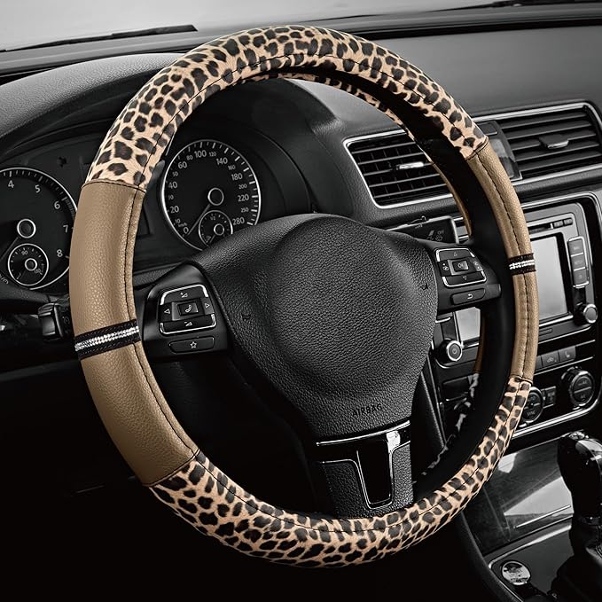 Road Comforts Leopard Steering Wheel Cover - Made with PVC Leather Cheetah Print - Anti-Slip, Universal Fit 14 1/2 inches to 15 inches - Beige