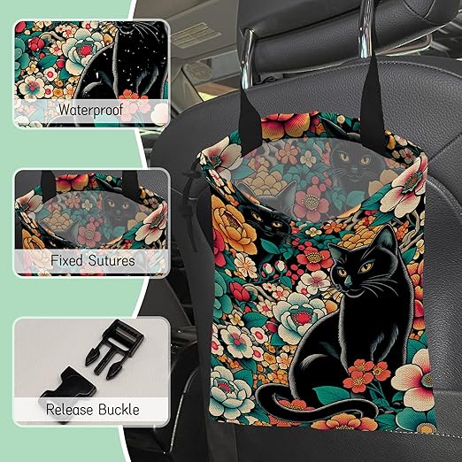 NHNXHWIA Black Cats Car Trash Bag,Tropical Flowers Hanging Drawstring Car Garbage Bag,Waterproof Canvas Car Back Seat Organizer with Adjustable Buckle,for Vehicles,SUVs,Camping,Road Trips