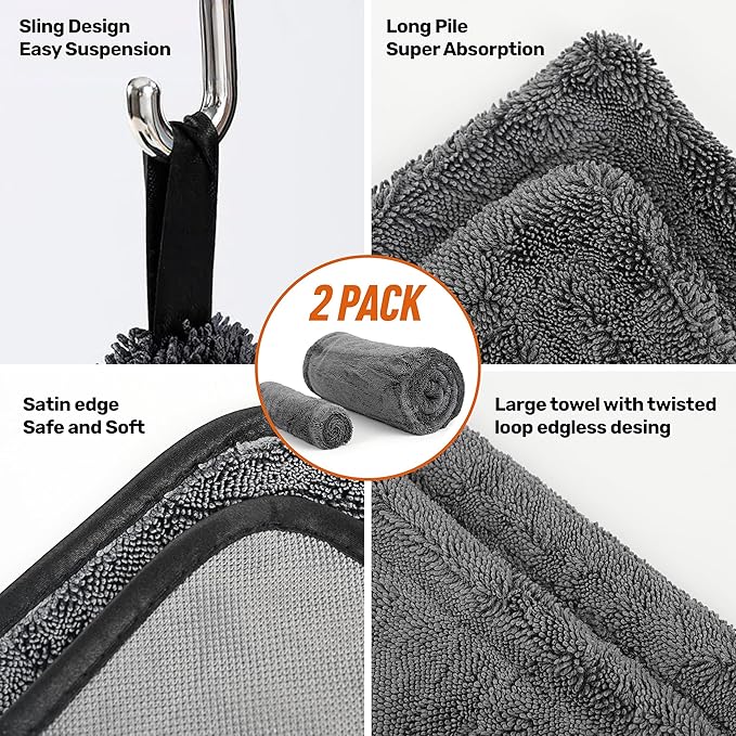 WOWIPER 24"x36" 15.7"x15.7" Twisted-Loop Car Drying Towel Set, 1300GSM,Lint Free,Reusable,Streak Free, - Car Accessories,Bath Towels,Microfiber Cleaning Cloth for Car, Truck, SUV