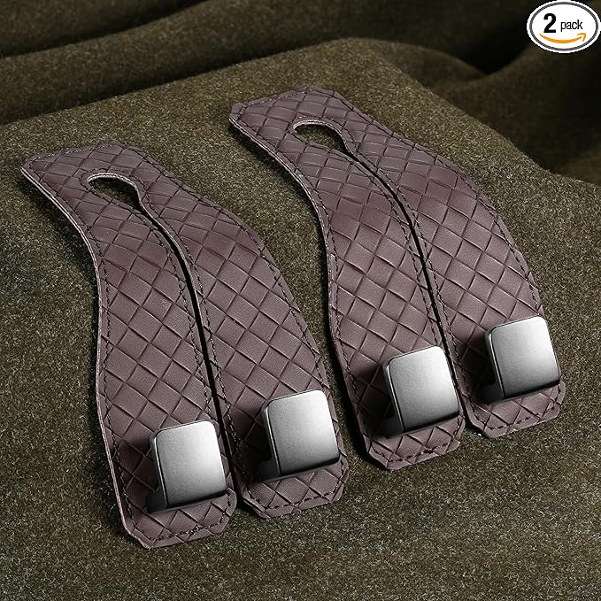 2 Pack Car Seat Headrest Hooks, Nappa Leather Car Back Seat Hangers for Purses and Bags, Woven Design with Double Dual Zinc Alloy Hooks for Car Organization and Storage (Dark Taupe)