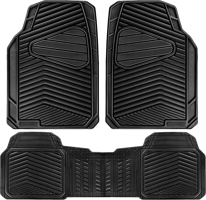CAR PASS Rubber Car Mats, Waterproof Car Floor Mats All Weather,Car Mat Full Set 3 Piece, Automotive Floor Mat Trim to Fit for Cars Sedans SUVs Trucks, Anti-Slip Easy Clean, All Black
