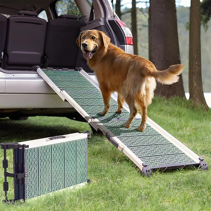 Dog Ramp for Car - Stable Anti-Slip Dog Car Ramp for Large Dogs - 63" Long & 15" Wide - 250LBS Capacity - Telescoping Pet Ramp - Lightweight - Reflective Sides - Fixing Clip - Forest Green