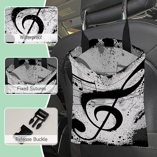 NHNXHWIA Music Notes Car Garbage Bag,Waterproof Small Car Trash Bag Hanging Back of Seat,Drawstring Hanging Car Trash Bag with Adjustable Buckle for Car Accessories