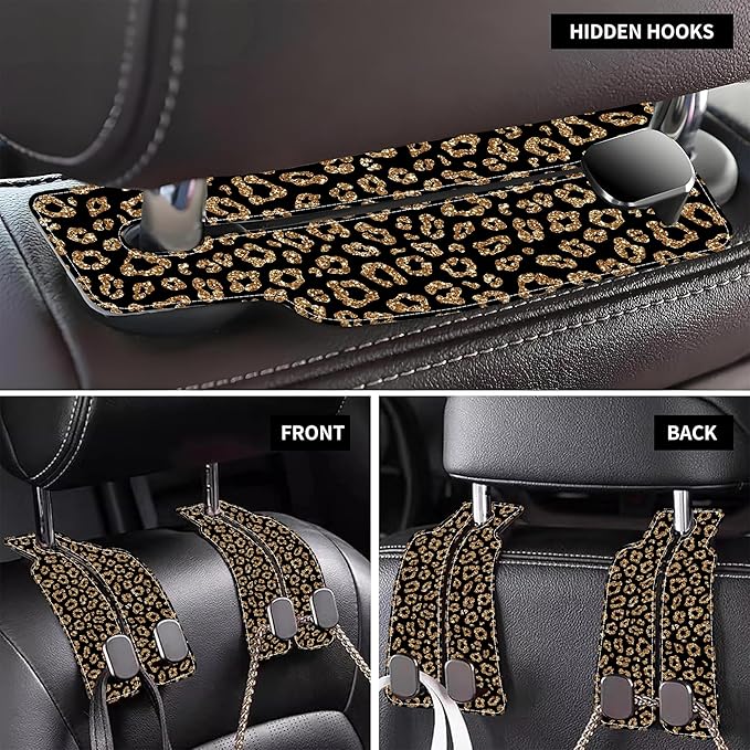 Car Headrest Purse Hanger Abstract Gold Glitter Leopard 1 Pack Bag Purse Holder for Car Premium Leather Double Metal Hook for Handbags, Grocery Bags and Phones
