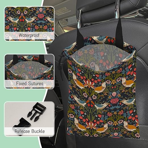 NHNXHWIA Victorian Birds Car Garbage Bag,Berries and Flowers Waterproof Small Car Trash Bag Hanging Back of Seat,Drawstring Hanging Car Trash Bag with Adjustable Buckle for Car Accessories