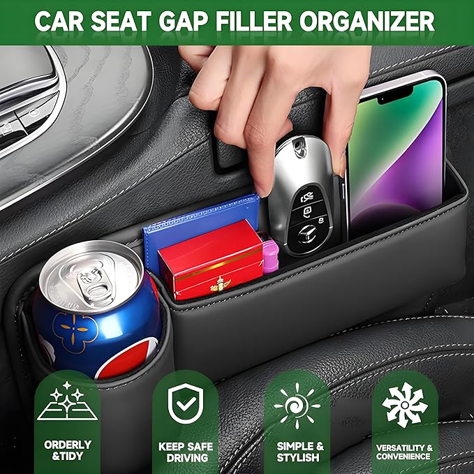 AIUSLN 2026 Upgraded 2 PC (L+R) Premium Leather Car Seat Gap Filler Organizer with Cup Holder & Storage Slot/Bag– Fits Front Seat, Holds Phone, Glasses, Cards,Keys,Car/SUV/Truck Christmas Gifts