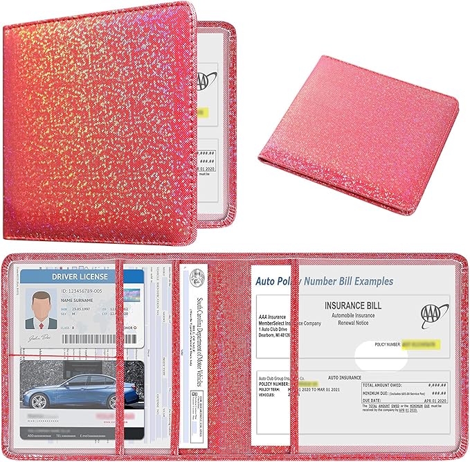 DMLuna Car Registration and Insurance Holder, Folio Leather Vehicle Card Document Glove Box Organizer, Auto Truck Compartment Accessories for Essential Information, Driver License Cards, Red Glitter