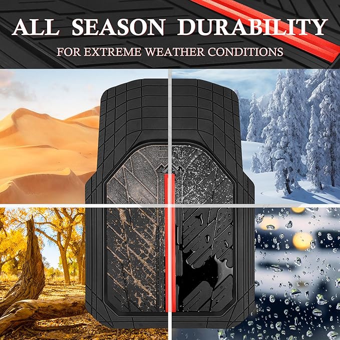 CAR PASS Rubber Floor Mats for Cars, Car Mats Full Sets DeepDish,Universal S~L Size Trim-to Fit Automotive Floor Mat for Truck Van SUV, Heavy Duty Waterproof All-Weather Floor liners Durable Black Red
