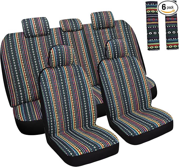 HAIYAOTIMES Baja Saddle Blanket Car Seat Covers Full Set with Seat Belt Pads, Washable Breathable Seat Covers for Cars, Universal Fit Interior Covers for Most Cars, Airbag Compatible, Red/Blue