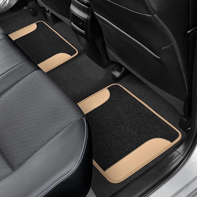 BDK Carpet Floor Mats for Cars, Two-Tone Carpet Car Mat with Faux Leather Accents, Automotive Floor Mat Sets with Built-in Heel Pad, Stylish Interior Car Accessories Beige