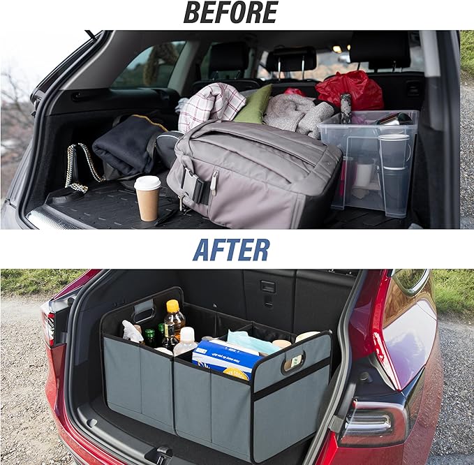 Simple Deluxe Car Trunk Organizer, 2 Compartments Collapsible Trunk Storage for SUV & Truck, Anti-slip Design, Made of Waterproof 600D Oxford Polyester, Standard Size, Grey-Green