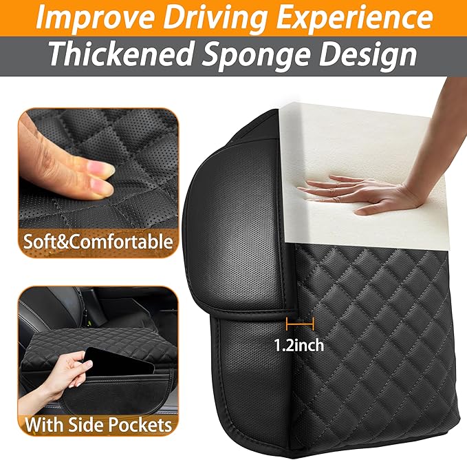 Center Console Cover for Ford Explorer 2026 2025 2020-2024 Accessories 1.2in Thickness Armrest Cover Leather Arm Rest Box Lid Protector Cushion Pad Middle Console Cover with Side Pockets(Black Stitch)